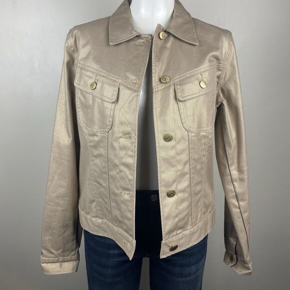 Ralph Lauren Jeans Co Jacket Women Medium Metallic Gold Tan Denim Button Up - Picture 1 of 8